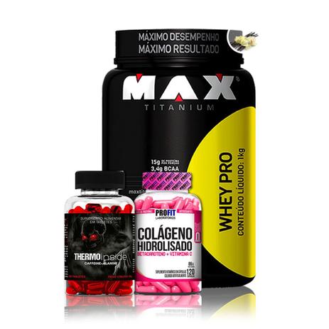 Kit Whey Pro 1kg + Thermo Inside + Colageno - Max Titanium - Int lab Menor preço em Kit Whey Pro 1kg + Thermo Inside + Colageno - Max Titanium - Int lab