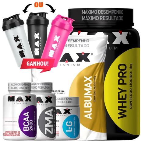 Kit Whey Pro Albumax Glutamina Zma Bcaa Coq Max Titanium Menor preço em Kit Whey Pro Albumax Glutamina Zma Bcaa Coq Max Titanium