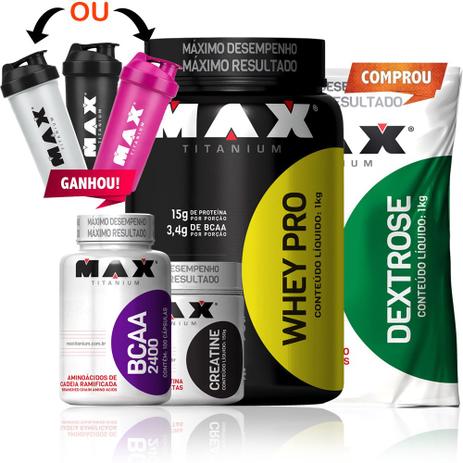 Kit Whey Pro Bcaa Creatina Dextrose Max Titanium Muscular Menor preço em Kit Whey Pro Bcaa Creatina Dextrose Max Titanium Muscular