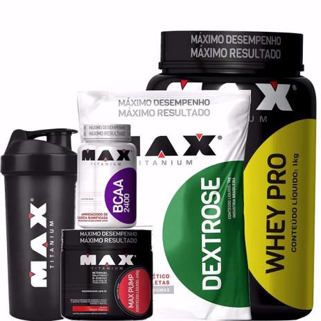 Kit Whey Pro + Bcaa + Pré Trein + Dextrose + Coqueteleira - Max titanium Menor preço em Kit Whey Pro + Bcaa + Pré Trein + Dextrose + Coqueteleira - Max titanium