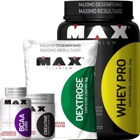 Kit Whey Pro Dextrose Creatina BCAA Academia Hipertrofia - Max titanium Menor preço em Kit Whey Pro Dextrose Creatina BCAA Academia Hipertrofia - Max titanium