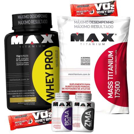 Kit Whey Pro + Massa 17500 + Bcaa + Zma (Testosterona) - Max titanium Menor preço em Kit Whey Pro + Massa 17500 + Bcaa + Zma (Testosterona) - Max titanium