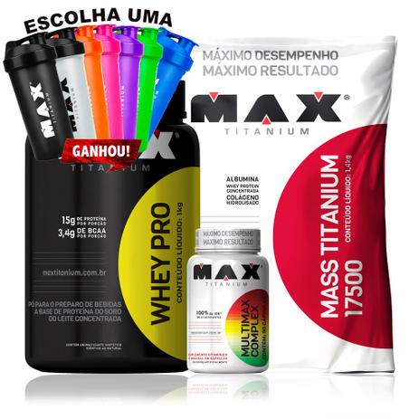 Kit Whey Pro + Massa Titanium + Multimax Complex + Coque - Max titanium Menor preço em Kit Whey Pro + Massa Titanium + Multimax Complex + Coque - Max titanium