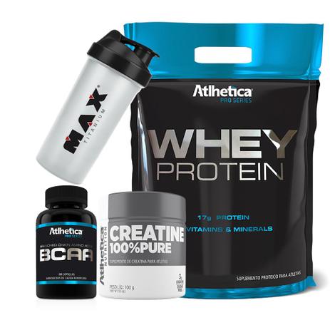 Kit Whey Pro Series + Bcaa + Creatina 100 + Coqueteleira - Atlhetica Menor preço em Kit Whey Pro Series + Bcaa + Creatina 100 + Coqueteleira - Atlhetica