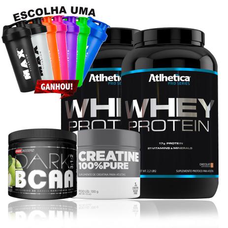 Kit whey Pro Series + Creatina + Bcaa dark+ Coqueteleira - Atlhetica nutrition Menor preço em Kit whey Pro Series + Creatina + Bcaa dark+ Coqueteleira - Atlhetica nutrition