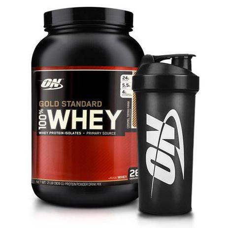 Kit Whey Protein 100 Gold Standard (909g) + Coqueteleira De Brinde Morango - Optimum Nutrition Menor preço em Kit Whey Protein 100 Gold Standard (909g) + Coqueteleira De Brinde Morango - Optimum Nutrition