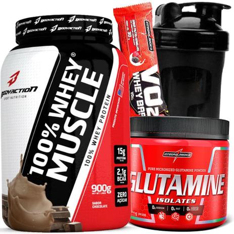 Kit Whey Protein 100 Muscle Concentrado 900g + Glutamina Isolates - Integralmedica + Coqueteleira - Body action Menor preço em Kit Whey Protein 100 Muscle Concentrado 900g + Glutamina Isolates - Integralmedica + Coqueteleira - Body action