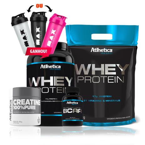 Kit Whey Protein 1,8kg + Whey protein 1kg + Bcaa + Creatina - Atlhetica nutrition Menor preço em Kit Whey Protein 1,8kg + Whey protein 1kg + Bcaa + Creatina - Atlhetica nutrition