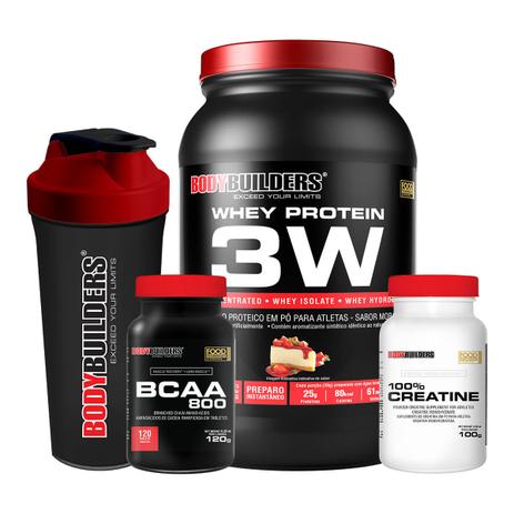 Kit Whey Protein 3W 900g + BCAA 800 120 Table + Creatine 100g + Coqueteleira - Bodybuilders Menor preço em Kit Whey Protein 3W 900g + BCAA 800 120 Table + Creatine 100g + Coqueteleira - Bodybuilders