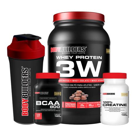 Kit Whey Protein 3W 900g + BCAA 800 120 Tabletes + Creatine 100g + Coqueteleira - Bodybuilders Menor preço em Kit Whey Protein 3W 900g + BCAA 800 120 Tabletes + Creatine 100g + Coqueteleira - Bodybuilders