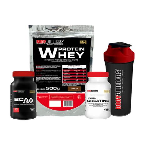 Kit Whey Protein 500g Chocolate + BCAA 800 120 Tabletes + 100 Creatine 100g + Brinde: Coqueteleira Bodybuilders Menor preço em Kit Whey Protein 500g Chocolate + BCAA 800 120 Tabletes + 100 Creatine 100g + Brinde: Coqueteleira Bodybuilders