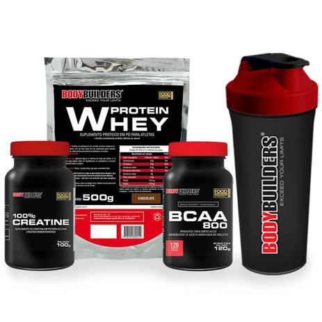 Kit Whey Protein 500g Chocolate + BCAA 800 120 Tabletes + 100 Creatine 100g + Coqueteleira Bodybuilders Menor preço em Kit Whey Protein 500g Chocolate + BCAA 800 120 Tabletes + 100 Creatine 100g + Coqueteleira Bodybuilders