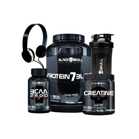 Kit Whey Protein 7 + BCAA 2400 + Creatina 300G + Coqueteleira + Fone - Black Skull- MORANGO Menor preço em Kit Whey Protein 7 + BCAA 2400 + Creatina 300G + Coqueteleira + Fone - Black Skull- MORANGO