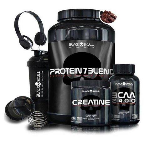 Kit Whey Protein 7 + BCAA 2400 + Creatina Caveira Preta + Coqueteleira + Fone - Chocolate - Black Skull Menor preço em Kit Whey Protein 7 + BCAA 2400 + Creatina Caveira Preta + Coqueteleira + Fone - Chocolate - Black Skull
