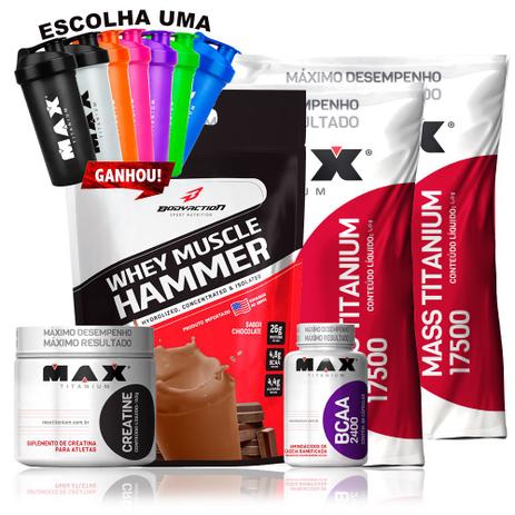 Kit Whey Protein +mass 17500+bcaa+creatina Max Titanium - Max tianium Menor preço em Kit Whey Protein +mass 17500+bcaa+creatina Max Titanium - Max tianium