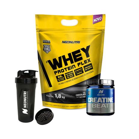 KIT WHEY PROTEIN PLEX 1,8kg (CHOCOLATE) + CREATINA + SHAKER - Neonutri Menor preço em KIT WHEY PROTEIN PLEX 1,8kg (CHOCOLATE) + CREATINA + SHAKER - Neonutri