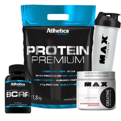Kit Whey Protein Premium + Bcaa 120cp + Creatina - Atlhetica Menor preço em Kit Whey Protein Premium + Bcaa 120cp + Creatina - Atlhetica