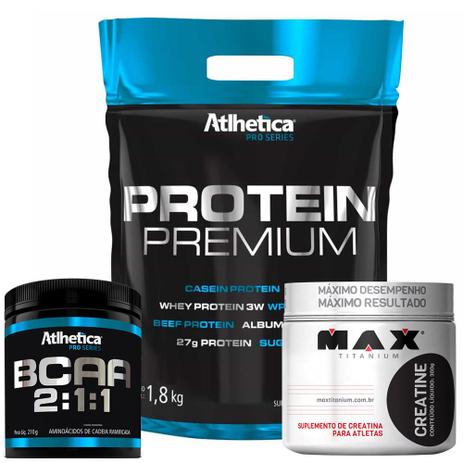 Kit Whey Protein Premium + Bcaa 2:1:1 210g + Creatina 300g - Atlhetica Menor preço em Kit Whey Protein Premium + Bcaa 2:1:1 210g + Creatina 300g - Atlhetica