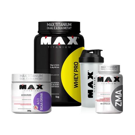 Kit Whey Protein Pro 1kg + Bcaa Drink 4:1:1 + Zma + Coq - Max titanium Menor preço em Kit Whey Protein Pro 1kg + Bcaa Drink 4:1:1 + Zma + Coq - Max titanium
