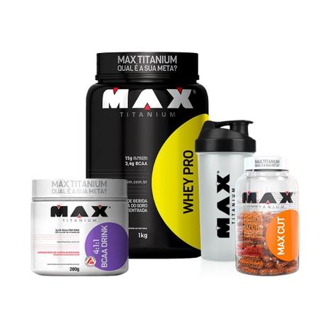 Kit Whey Protein Pro 1kg + Bcaa Drink + Max Cut + Coq - Max - Max titanium Menor preço em Kit Whey Protein Pro 1kg + Bcaa Drink + Max Cut + Coq - Max - Max titanium