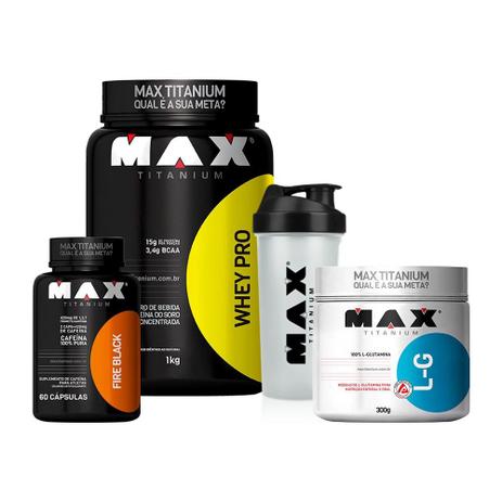 Kit Whey Protein Pro 1kg + Fire Black + L-glutamina + Coq - Max titanium Menor preço em Kit Whey Protein Pro 1kg + Fire Black + L-glutamina + Coq - Max titanium