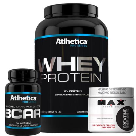 Kit Whey Protein Pro Series 1kg + Bcaa + Creatina Atlhetica Menor preço em Kit Whey Protein Pro Series 1kg + Bcaa + Creatina Atlhetica