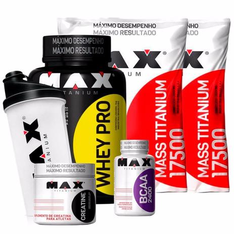 Kit - Whey Proten + Mass 17500 + Bcaa + Creatina Max Titanium Menor preço em Kit - Whey Proten + Mass 17500 + Bcaa + Creatina Max Titanium