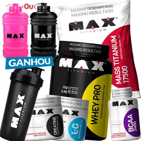 Kit Whey Proten Mass 3kg Bcaa 2400 Glutamina Cretina -galão - Max titanium Menor preço em Kit Whey Proten Mass 3kg Bcaa 2400 Glutamina Cretina -galão - Max titanium