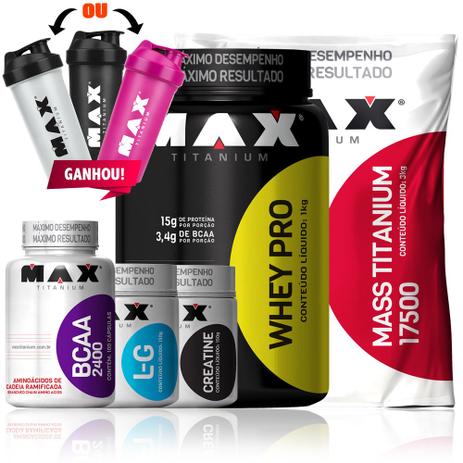 Kit Whey Proten Mass 3kg Bcaa 2400 Glutamina Cretina - Max - Max titanium Menor preço em Kit Whey Proten Mass 3kg Bcaa 2400 Glutamina Cretina - Max - Max titanium