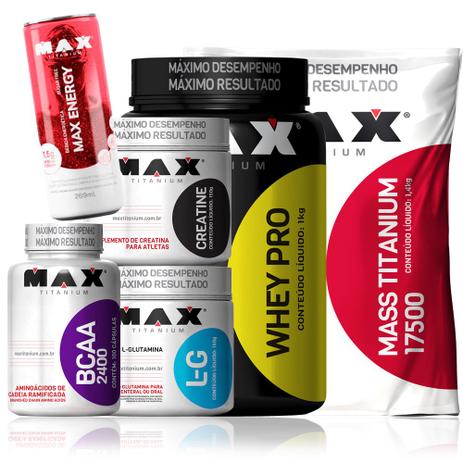 Kit Whey Proten Mass17500 Bcaa 2400 Gluta Creti - Max titanium Menor preço em Kit Whey Proten Mass17500 Bcaa 2400 Gluta Creti - Max titanium