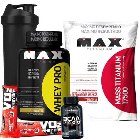 KIT Whey Proten PRO 1KG Puro Concentrado Hipercalorico 1,4kg Bcaa 2400 100caps Copo Barrinha Wey Way - Max titanium Menor preço em KIT Whey Proten PRO 1KG Puro Concentrado Hipercalorico 1,4kg Bcaa 2400 100caps Copo Barrinha Wey Way - Max titanium