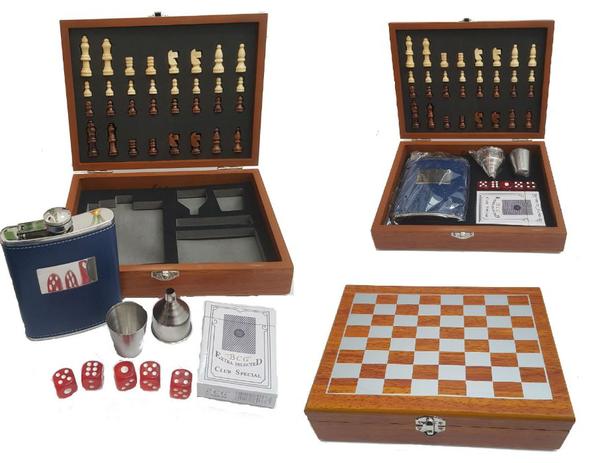 Kit Xadrez cartas de baralho dados e cantil em uma linda caixa organizadora em madeira tratada envernizada - L & L Menor preço em Kit Xadrez cartas de baralho dados e cantil em uma linda caixa organizadora em madeira tratada envernizada - L & L