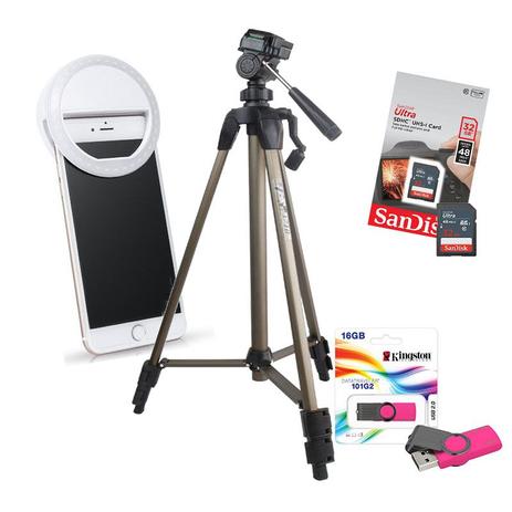 Kit Youtuber com Tripé + Ring Light + Cartão de Memória 32GB + Pen drive 16 GB - Tudoprafoto Menor preço em Kit Youtuber com Tripé + Ring Light + Cartão de Memória 32GB + Pen drive 16 GB - Tudoprafoto