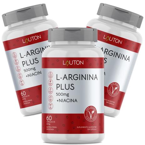 L-Arginina Plus 500mg com Niacina Premium Vegano Lauton - Kit 3 potes -