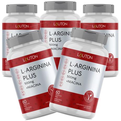 L-Arginina Plus 500mg com Niacina Premium Vegano Lauton - Kit 5 potes -