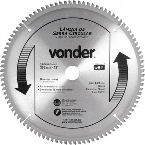 Lâmina de serra circular com vídea para alumínio 300 mm x 30 mm x 96 dentes Vonder Menor preço em Lâmina de serra circular com vídea para alumínio 300 mm x 30 mm x 96 dentes Vonder