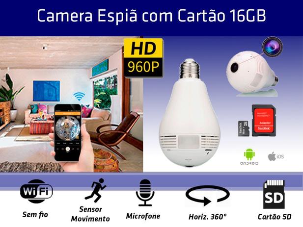Lampada Câmera Espiã Panorâmica 360º Wifi + Cartão SD 16GB - Lâmpada wifi Menor preço em Lampada Câmera Espiã Panorâmica 360º Wifi + Cartão SD 16GB - Lâmpada wifi