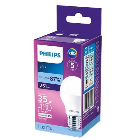 Lâmpada de LED Philips 4,5W 480Lumens 6500K Base E27 Cor: Branca Menor preço em Lâmpada de LED Philips 4,5W 480Lumens 6500K Base E27 Cor: Branca
