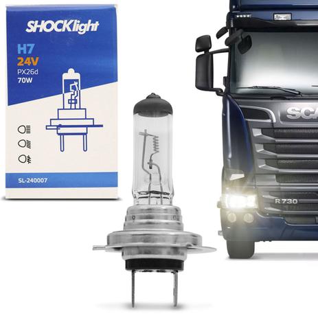 Lâmpada Halógena Standard H7 3200K A 3400K 70W 24V Aplicação Farol Caminhão - Shocklight Menor preço em Lâmpada Halógena Standard H7 3200K A 3400K 70W 24V Aplicação Farol Caminhão - Shocklight