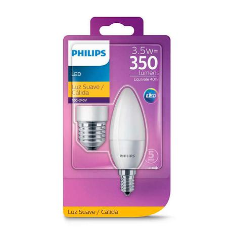 Lâmpada Led 3,5W Vela Leitosa 3000K E14 c/Adaptador E27 827MV 350lm B35 220V Philips Menor preço em Lâmpada Led 3,5W Vela Leitosa 3000K E14 c/Adaptador E27 827MV 350lm B35 220V Philips