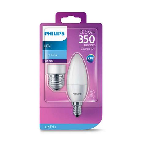 Lâmpada Led 3,5W Vela Leitosa 6500K E14 c/Adaptador E27 865 MV 350lm B35 Philips Menor preço em Lâmpada Led 3,5W Vela Leitosa 6500K E14 c/Adaptador E27 865 MV 350lm B35 Philips