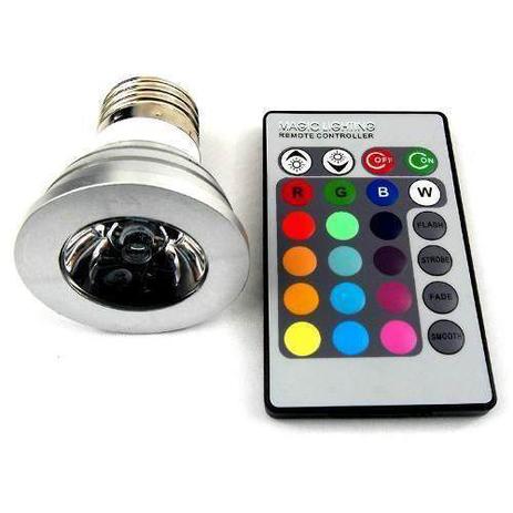 Lâmpada Led 3w RGB 16 Cores 3 Funções Com Controle Remoto E-27 - Hyper mega Menor preço em Lâmpada Led 3w RGB 16 Cores 3 Funções Com Controle Remoto E-27 - Hyper mega