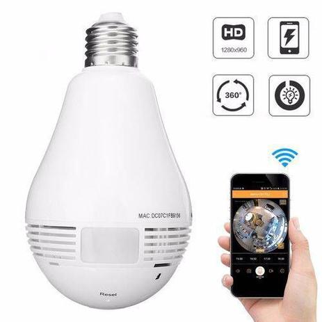 Lâmpada Led com Câmera Espiã WiFi Panorâmica 360º FULL - Smart Camera Menor preço em Lâmpada Led com Câmera Espiã WiFi Panorâmica 360º FULL - Smart Camera