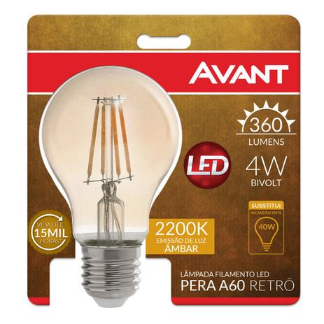 Lampada Vintage A60 Filamento Led 4w Bulbo Âmbar 2200k Avant Menor preço em Lampada Vintage A60 Filamento Led 4w Bulbo Âmbar 2200k Avant