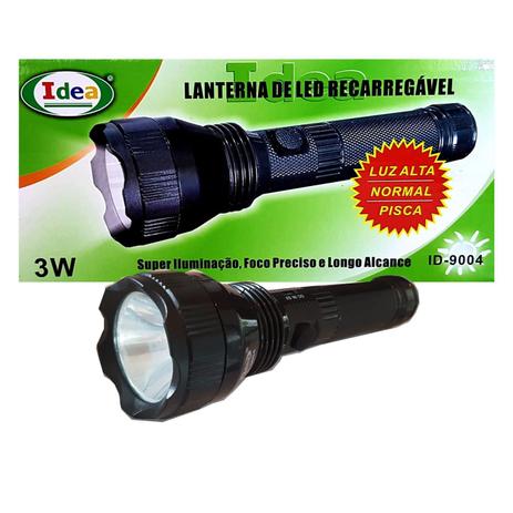 Lanterna De Led Recarregável 3w Id-9004 -Luz Alta, Normal e Pisca - IDEA Menor preço em Lanterna De Led Recarregável 3w Id-9004 -Luz Alta, Normal e Pisca - IDEA