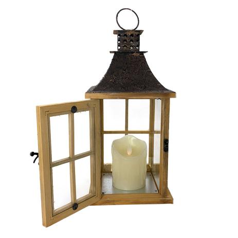 Lanterna Decorativa Madeira Vidro Pequena C/ Vela de Led - Ef Menor preço em Lanterna Decorativa Madeira Vidro Pequena C/ Vela de Led - Ef