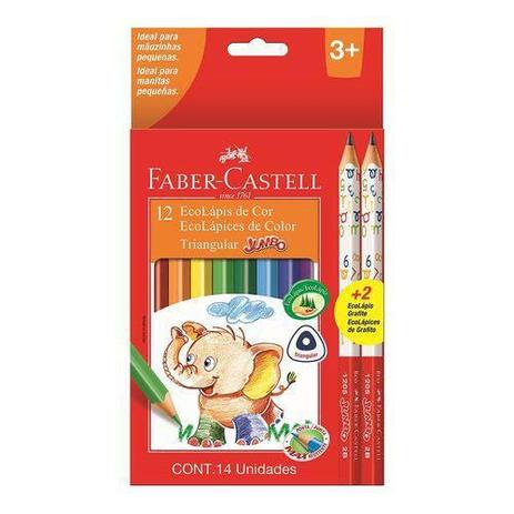 Lápis de Cor Triangular Jumbo 12 Cores 2 Ecolápis Faber Castell - Faber-castell Menor preço em Lápis de Cor Triangular Jumbo 12 Cores 2 Ecolápis Faber Castell - Faber-castell
