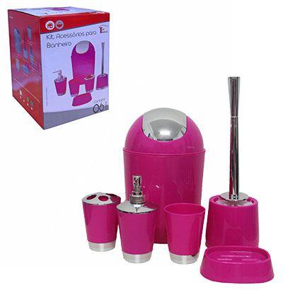 Lixeira redonda de plastico + jogo para banheiro rosa com 5 pecas - Rio de ouro Menor preço em Lixeira redonda de plastico + jogo para banheiro rosa com 5 pecas - Rio de ouro