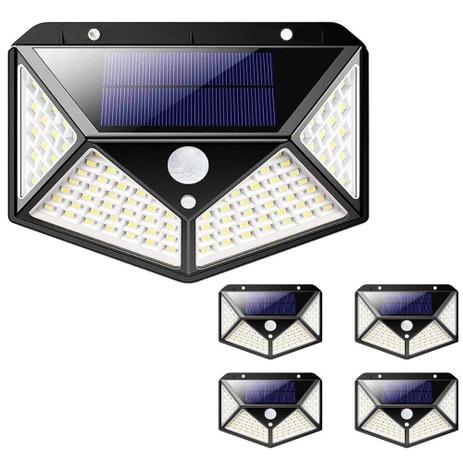 Luminária Energia Solar Parede Kit 5 unidades 100 Led 3 Funções Lampada Sensor Presença - Abmidia Menor preço em Luminária Energia Solar Parede Kit 5 unidades 100 Led 3 Funções Lampada Sensor Presença - Abmidia
