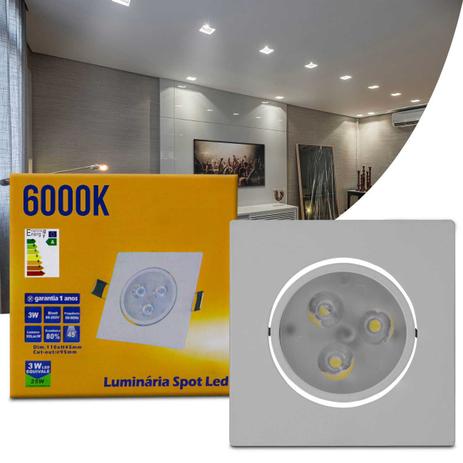 Luminária Teto Spot LED 3W Quadrada Direcionável 6000K Branco Bivolt Alumínio Embutir Gesso Sanca - Prime Menor preço em Luminária Teto Spot LED 3W Quadrada Direcionável 6000K Branco Bivolt Alumínio Embutir Gesso Sanca - Prime
